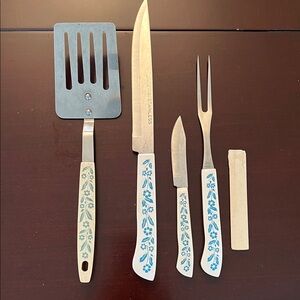 Vintage Household Surgical Stainless Knife Fork Set White Handle Blue Cornflower